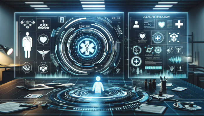 A futuristic digital interface showing a doctor's credentials with holographic seals in a modern medical office.