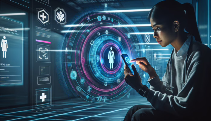 Person using smartphone app to verify doctor's credentials, showing medical licenses and certifications, modern hospital background.