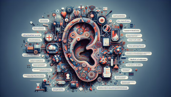 Infographic detailing common tinnitus causes: loud noise, age-related hearing loss, medical conditions, medications, linked to tinnitus symbol.